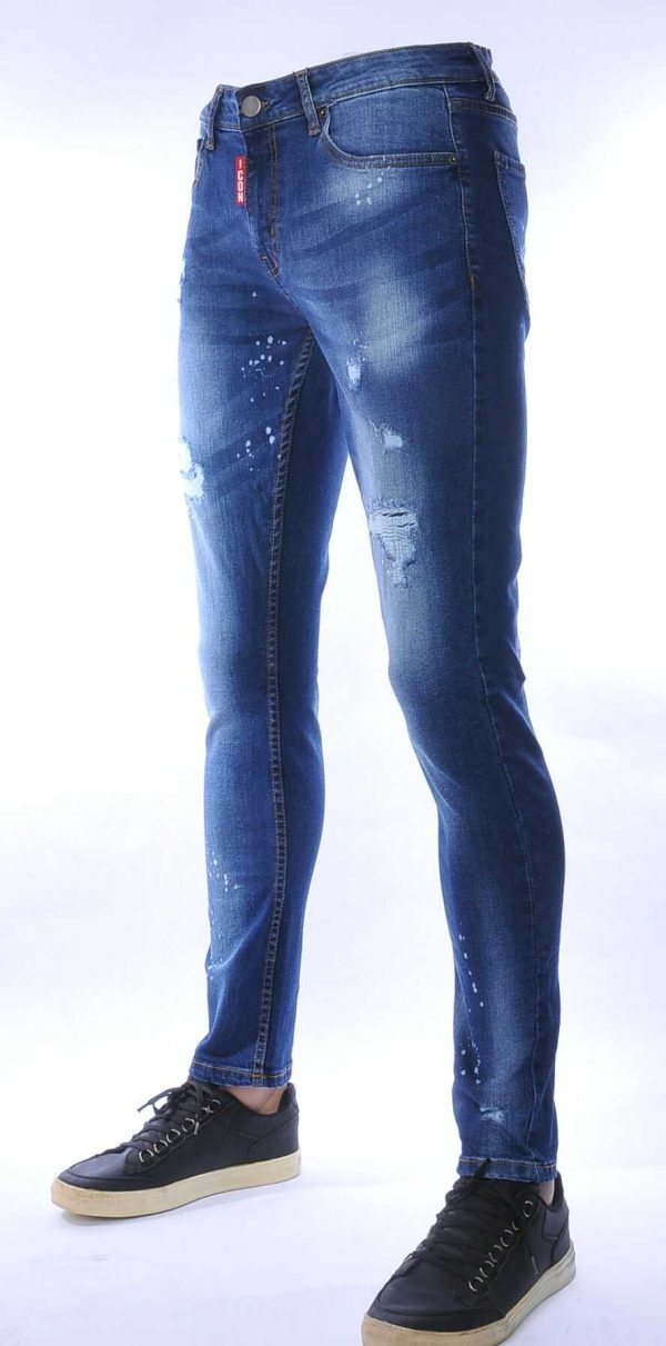 ICON hippie gescheurde slim fit stretch heren jeans met bleekvlekjes Blauw