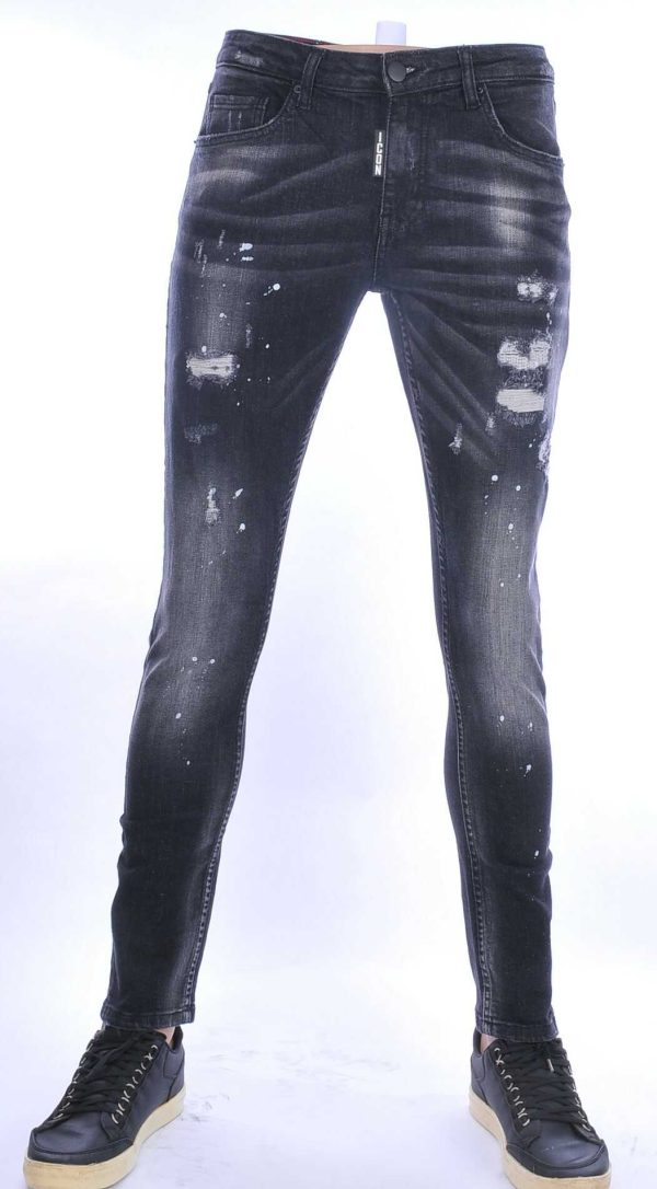 ICON hippie gescheurde slim fit stretch heren jeans met bleekvlekjes Zwart
