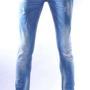 ICON hippie gescheurde slim fit stretch heren jeans met verfspatten Lichtblauw