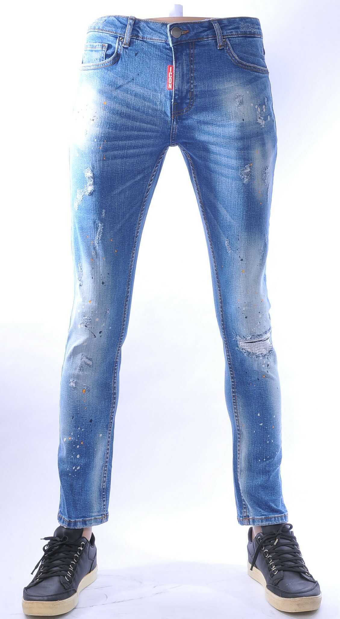 ICON hippie gescheurde slim fit stretch heren jeans met verfspatten Lichtblauw