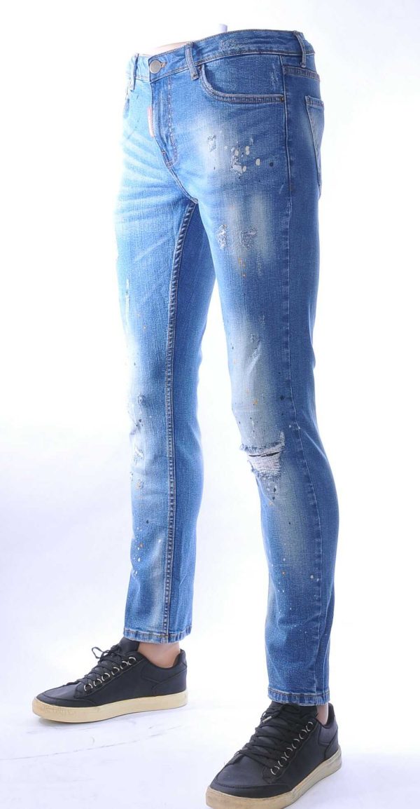 ICON hippie gescheurde slim fit stretch heren jeans met verfspatten Lichtblauw