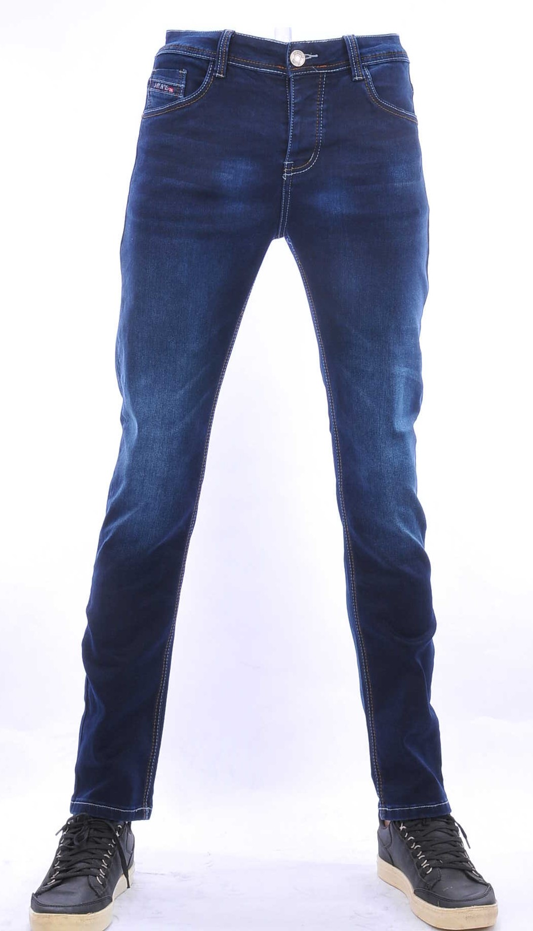 JAYLVIS trendy heren stretch jeans met contrast kleur stiksels Blauw