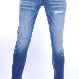 VALENCI hippie gescheurde slim fit stretch heren jeans met verfspatten Blauw