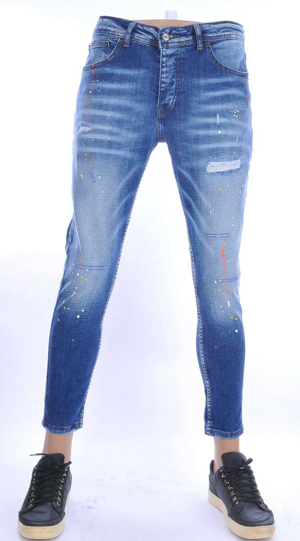 VALENCI hippie gescheurde slim fit stretch heren jeans met verfspatten Blauw
