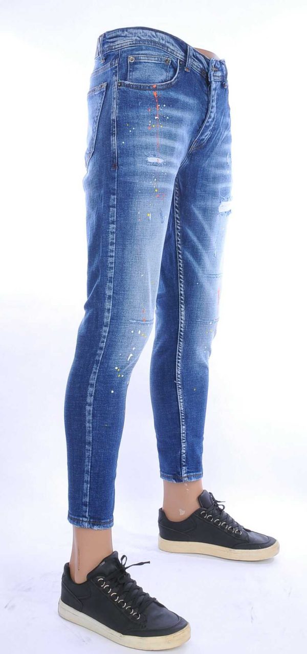 VALENCI hippie gescheurde slim fit stretch heren jeans met verfspatten Blauw