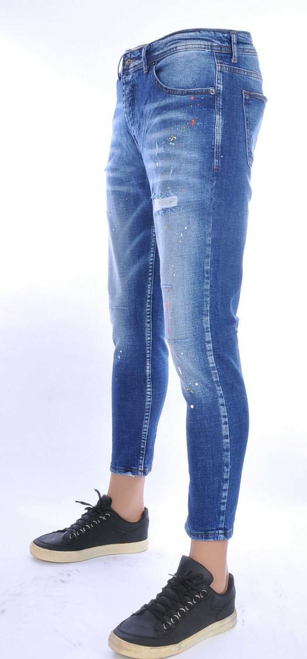 VALENCI hippie gescheurde slim fit stretch heren jeans met verfspatten Blauw