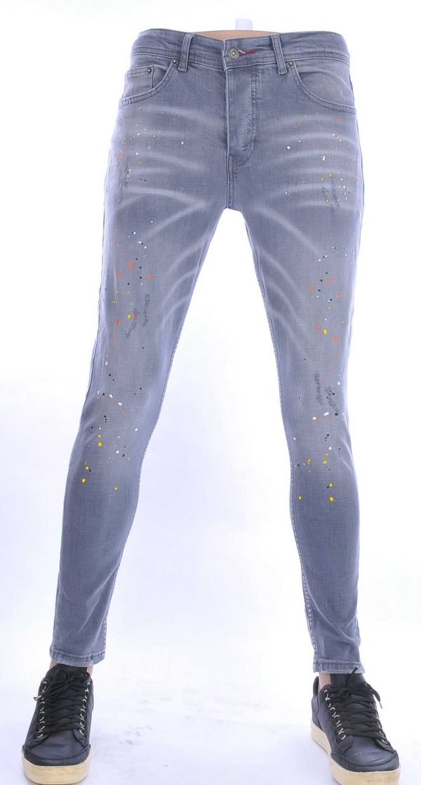 VALENCI hippie gescheurde slim fit stretch heren jeans met verfspatten Grijs