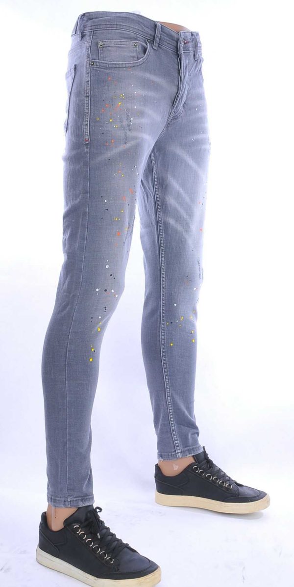 VALENCI hippie gescheurde slim fit stretch heren jeans met verfspatten Grijs
