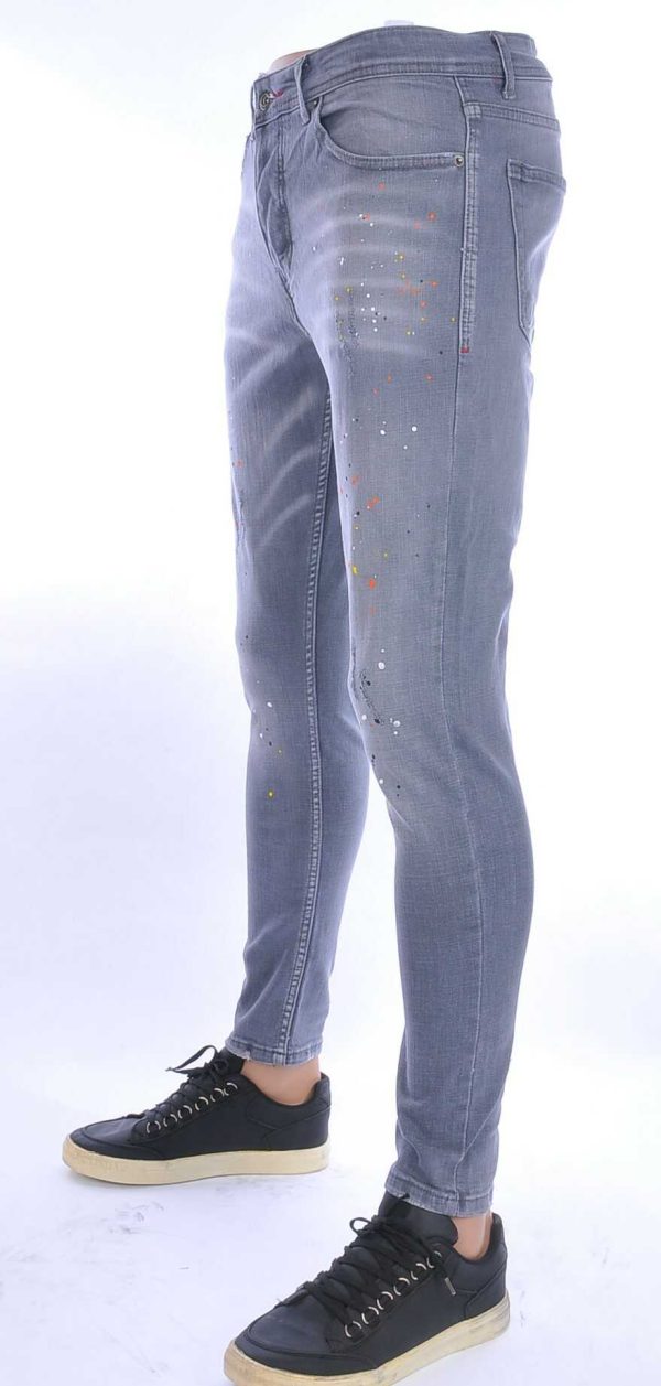 VALENCI hippie gescheurde slim fit stretch heren jeans met verfspatten Grijs