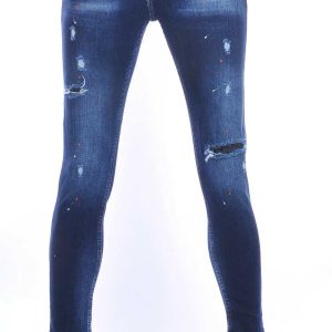 ICON2 trendy gescheurd slim fit skinny heren jeans met verfspetters Blauw