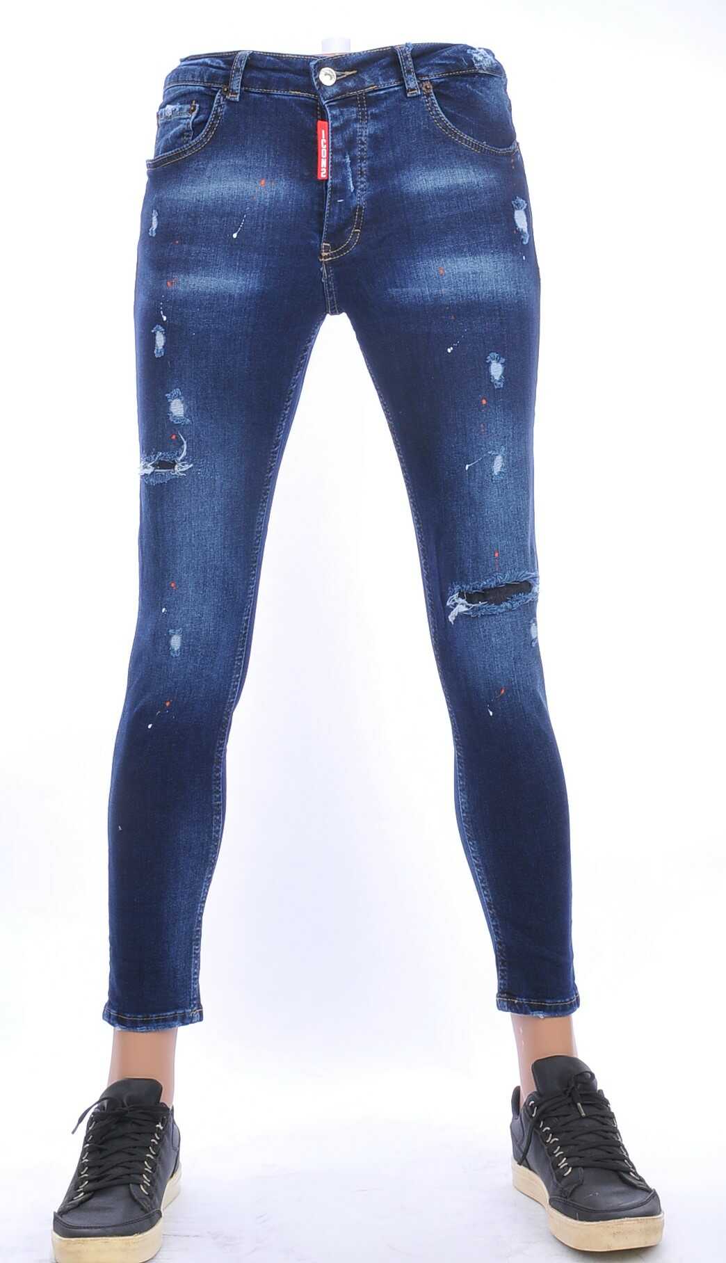 ICON2 trendy gescheurd slim fit skinny heren jeans met verfspetters Blauw