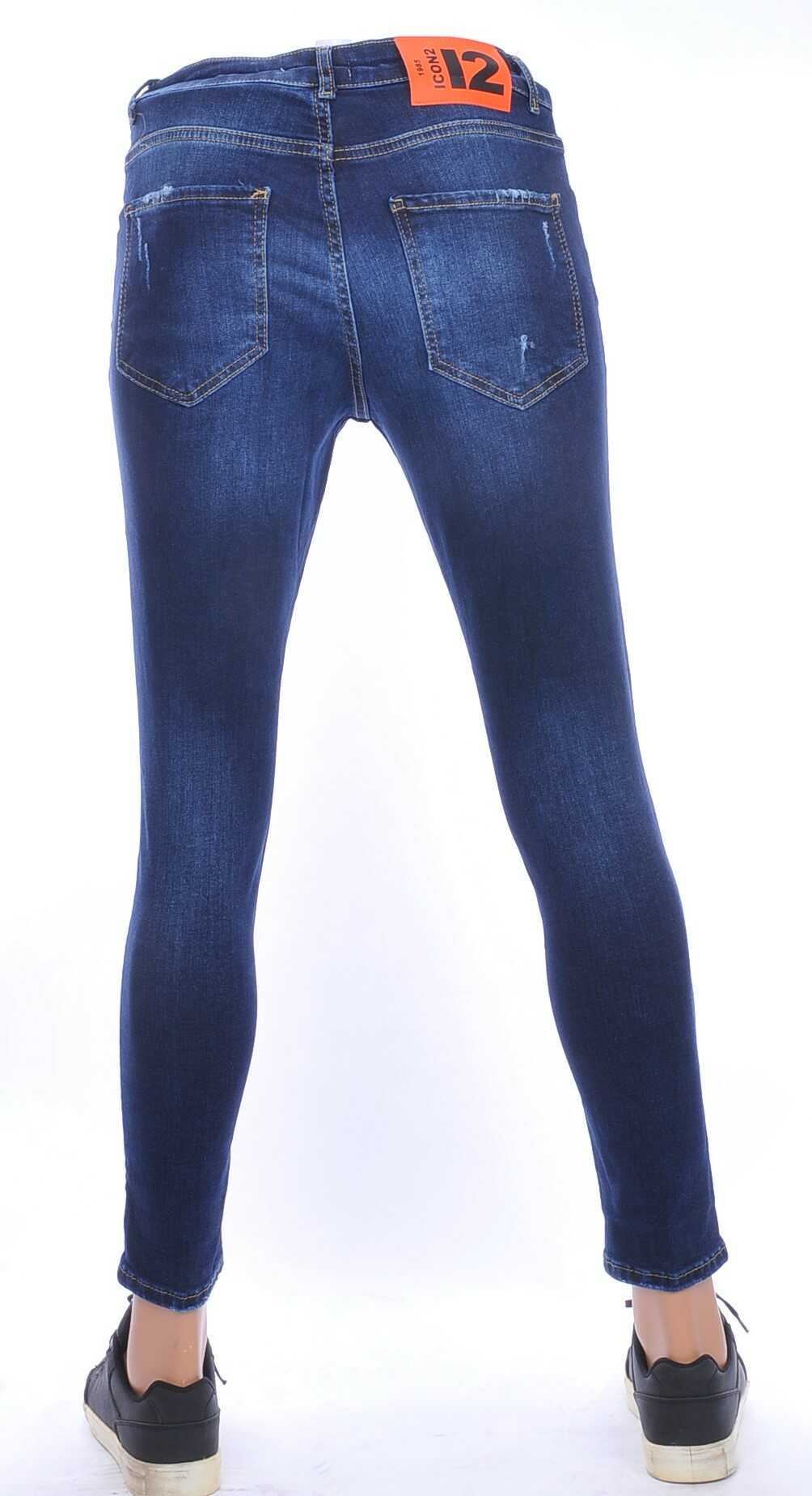 ICON2 trendy gescheurd slim fit skinny heren jeans met verfspetters Blauw