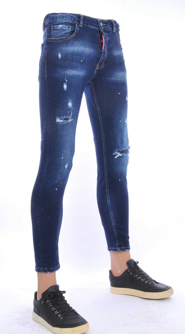ICON2 trendy gescheurd slim fit skinny heren jeans met verfspetters Blauw