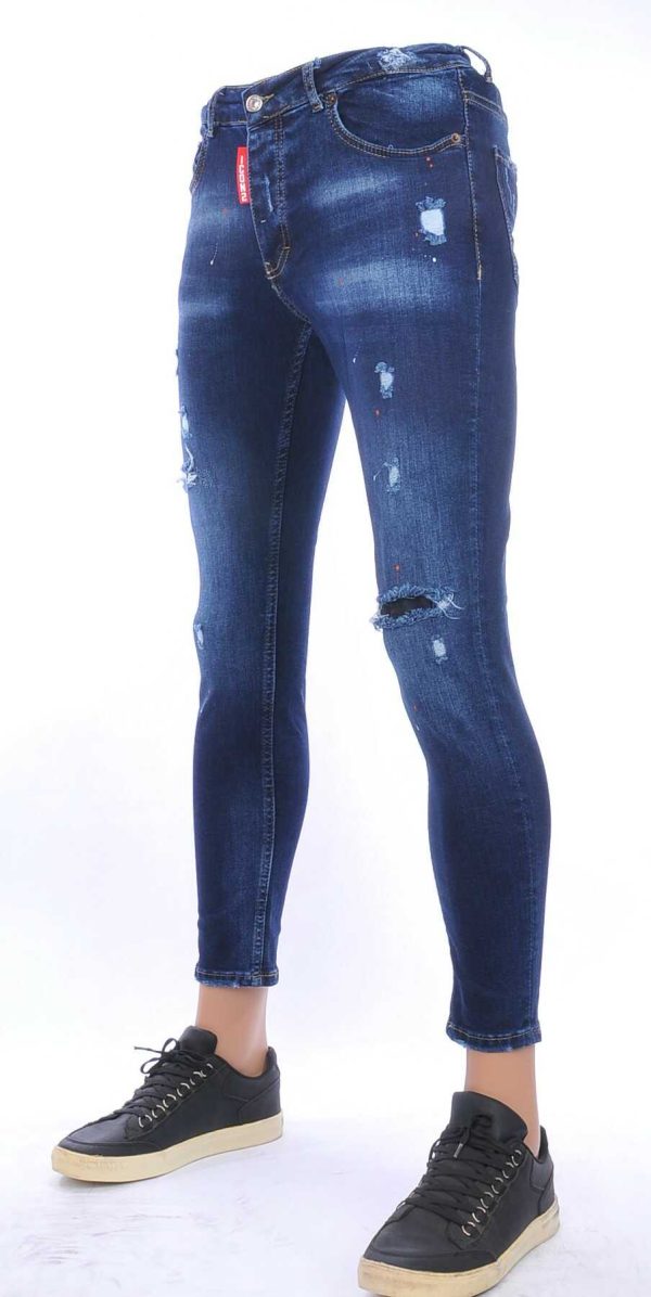 ICON2 trendy gescheurd slim fit skinny heren jeans met verfspetters Blauw