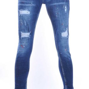 ICON2 trendy gescheurd slim fit skinny heren jeans met verfspetters Blauw