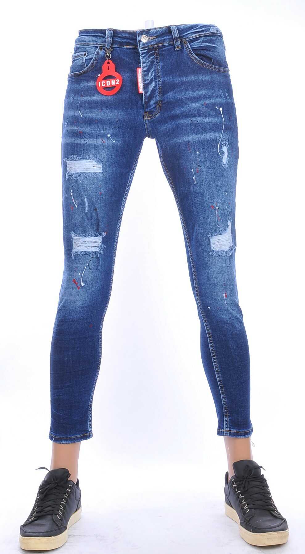 ICON2 trendy gescheurd slim fit skinny heren jeans met verfspetters Blauw