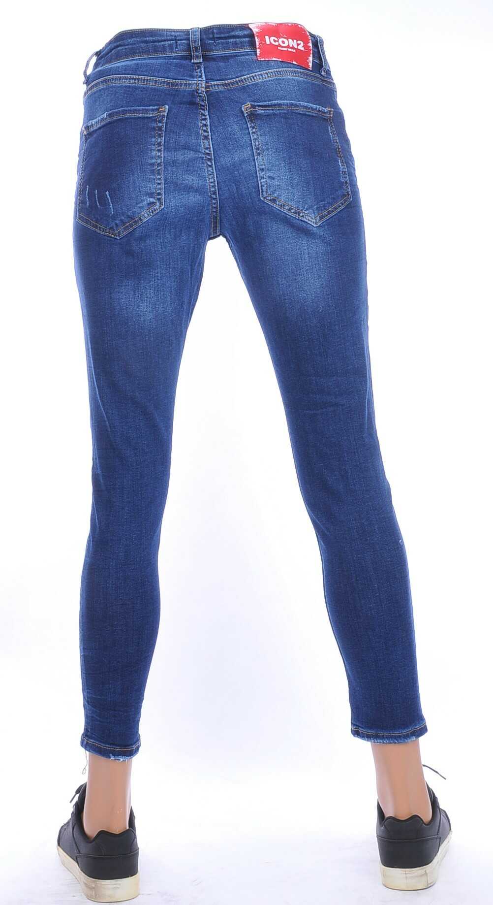 ICON2 trendy gescheurd slim fit skinny heren jeans met verfspetters Blauw