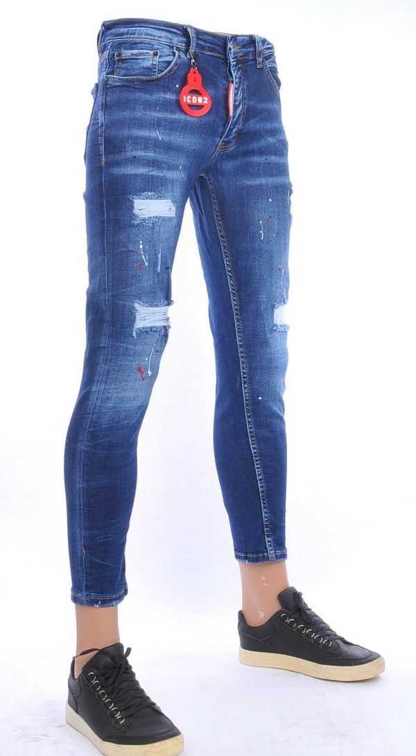 ICON2 trendy gescheurd slim fit skinny heren jeans met verfspetters Blauw