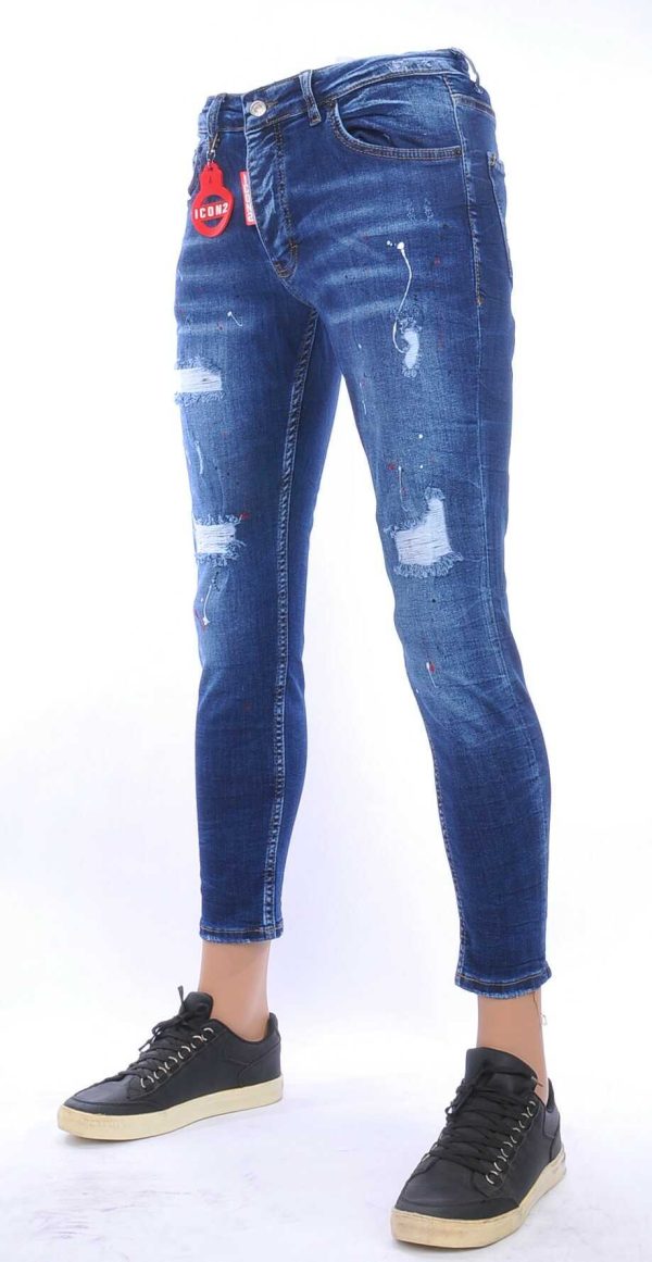 ICON2 trendy gescheurd slim fit skinny heren jeans met verfspetters Blauw