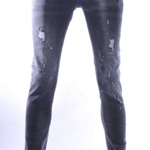 ICON2 hippie gescheurde slim fit stretch heren jeans met verfspatten Zwart
