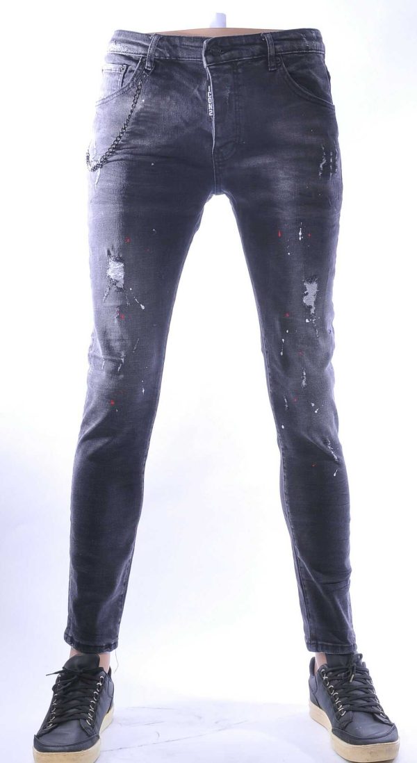 ICON2 hippie gescheurde slim fit stretch heren jeans met verfspatten Zwart