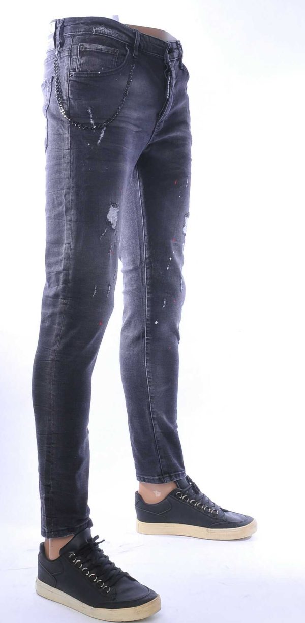 ICON2 hippie gescheurde slim fit stretch heren jeans met verfspatten Zwart