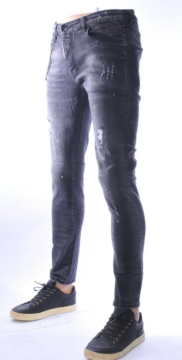 ICON2 hippie gescheurde slim fit stretch heren jeans met verfspatten Zwart