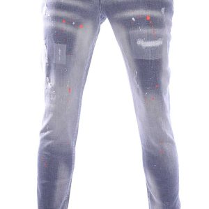 ICON2 Hippe Gewassen en Gescheurde Slim Fit Stretch Heren Jeans met Verfspetters - Grijs