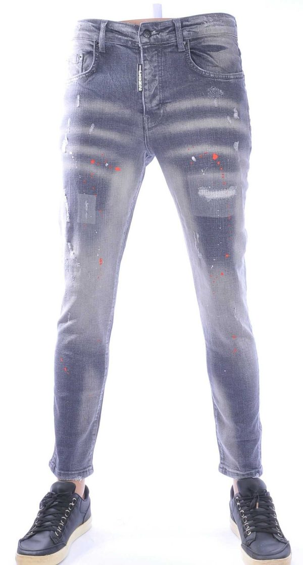 ICON2 Hippe Gewassen en Gescheurde Slim Fit Stretch Heren Jeans met Verfspetters - Grijs