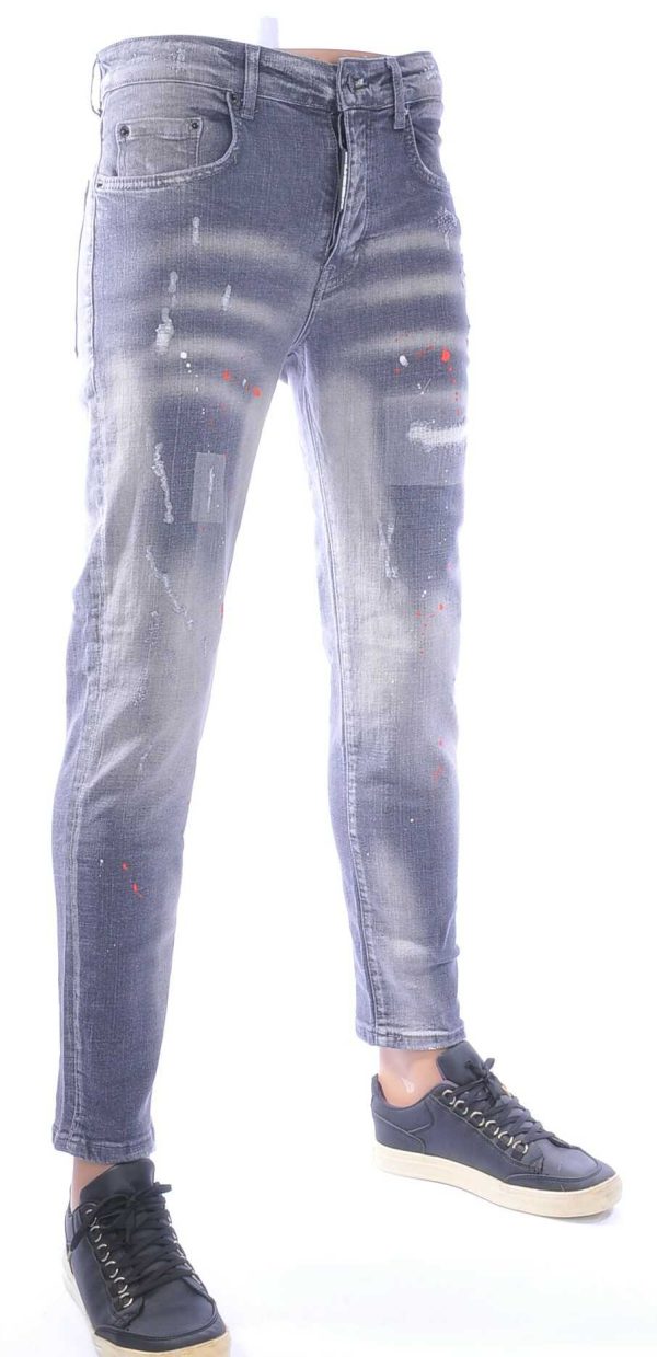 ICON2 Hippe Gewassen en Gescheurde Slim Fit Stretch Heren Jeans met Verfspetters - Grijs