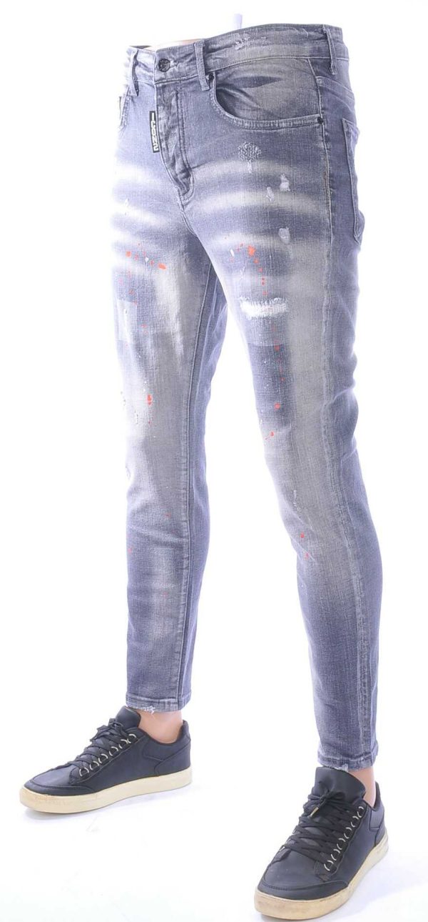 ICON2 Hippe Gewassen en Gescheurde Slim Fit Stretch Heren Jeans met Verfspetters - Grijs