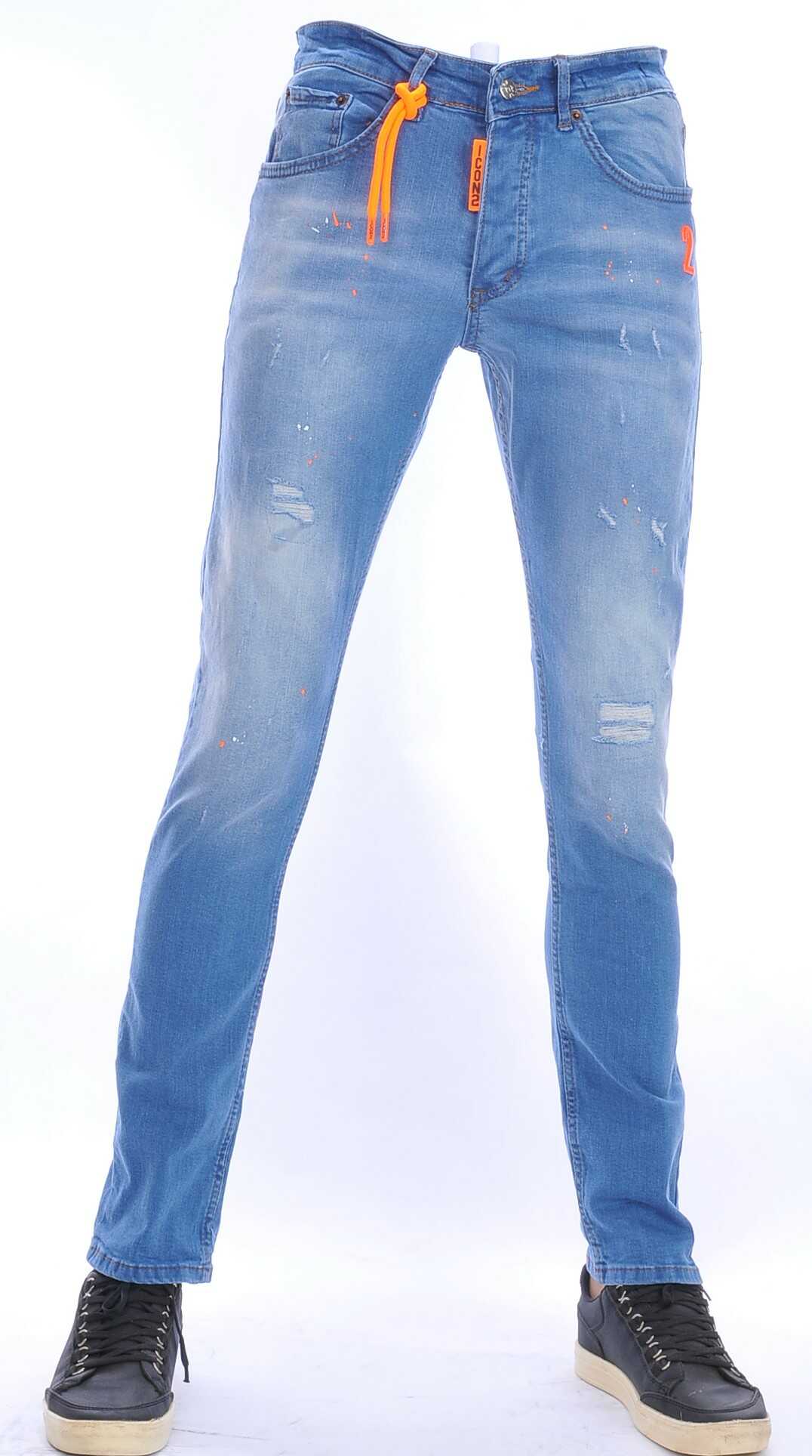 ICON2 hippie gescheurde slim fit heren jeans met verfvlekjes Blauw