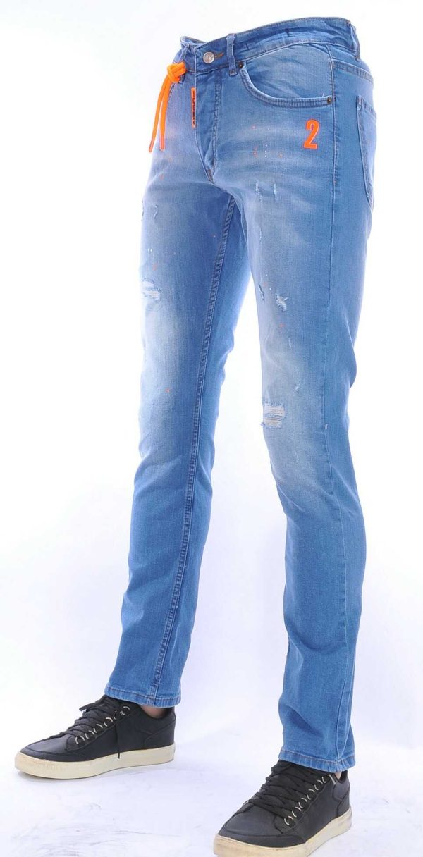 ICON2 hippie gescheurde slim fit heren jeans met verfvlekjes Blauw