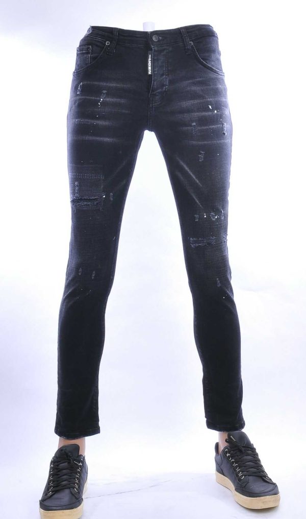 ICON2 hippie gescheurde slim fit stretch heren jeans met verfspetters Zwart