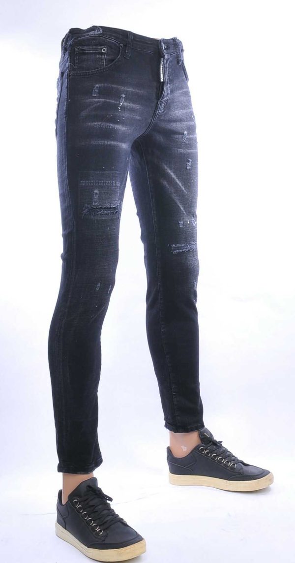 ICON2 hippie gescheurde slim fit stretch heren jeans met verfspetters Zwart