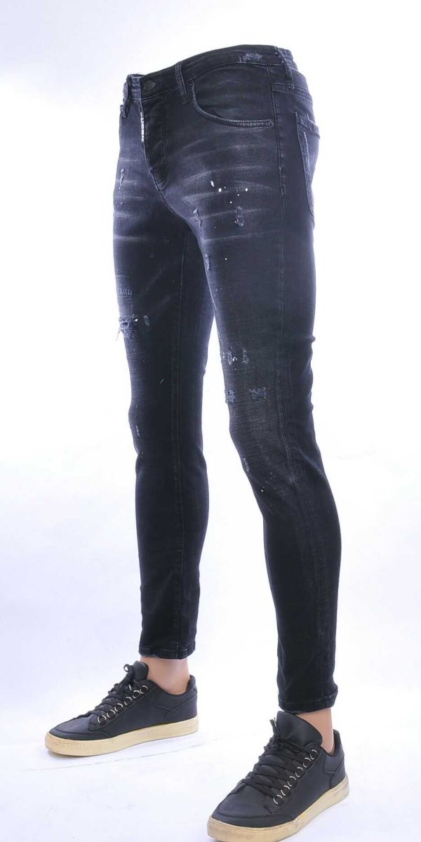ICON2 hippie gescheurde slim fit stretch heren jeans met verfspetters Zwart