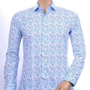 CORRINO Italiaanse allover cijfers en letters motieven heren overhemd Blauw