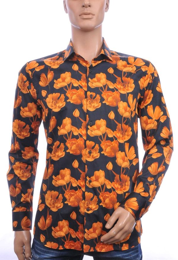 Corrino slim fit allover bloemen dessin heren overhemd Zwart