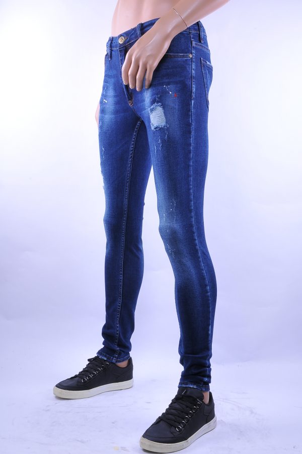 D&A trendy gescheurde slim fit heren skinny jeans met verfspetters, D003 Blauw