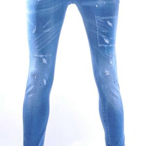 ICON2 Hippie Gescheurde Slim Fit Stretch Heren Jeans met Verfspettertjes – Lichtblauw | Trendy, Stoer en Comfortabel