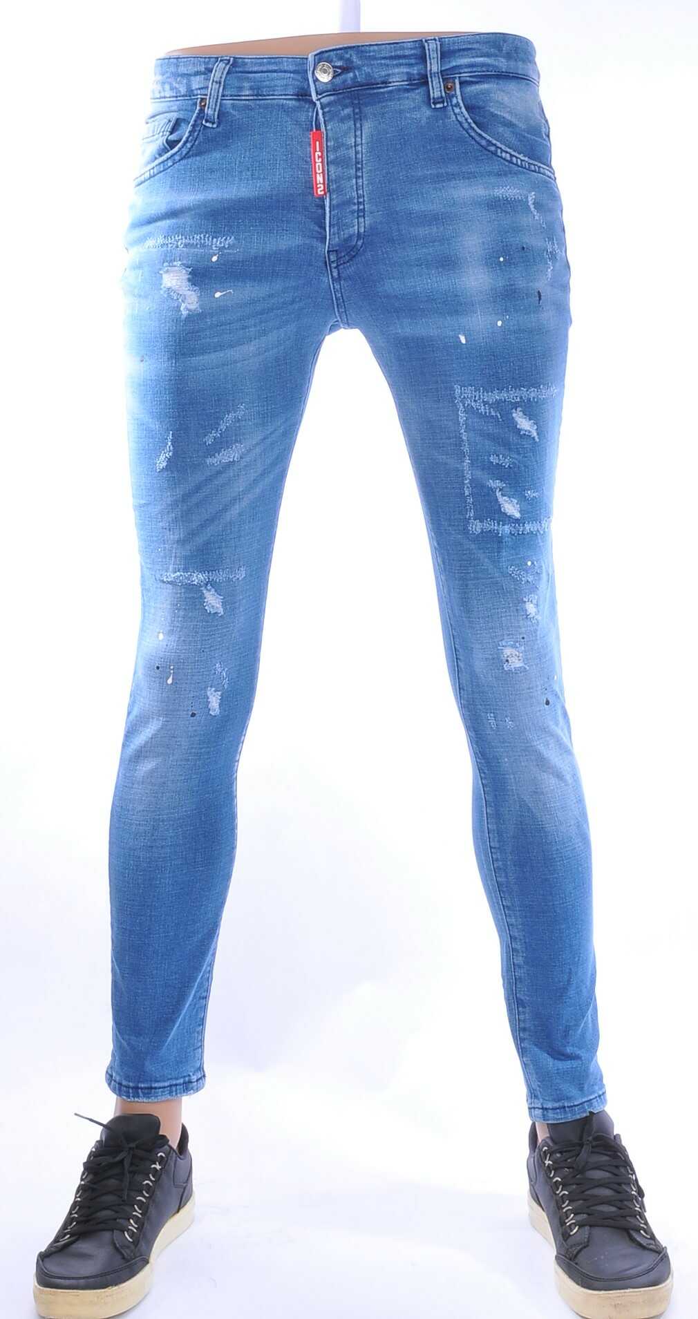 ICON2 Hippie Gescheurde Slim Fit Stretch Heren Jeans met Verfspettertjes – Lichtblauw | Trendy, Stoer en Comfortabel