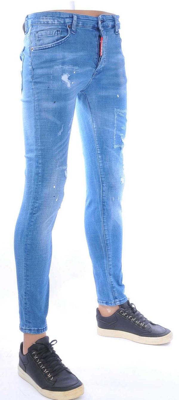 ICON2 Hippie Gescheurde Slim Fit Stretch Heren Jeans met Verfspettertjes – Lichtblauw | Trendy, Stoer en Comfortabel