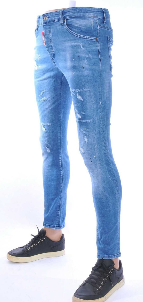 ICON2 Hippie Gescheurde Slim Fit Stretch Heren Jeans met Verfspettertjes – Lichtblauw | Trendy, Stoer en Comfortabel