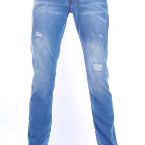 ICON2 hippie gescheurde slim fit heren jeans met verfvlekjes Blauw