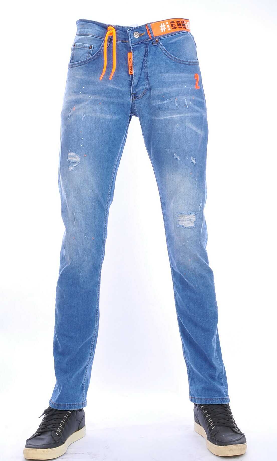 ICON2 hippie gescheurde slim fit heren jeans met verfvlekjes Blauw