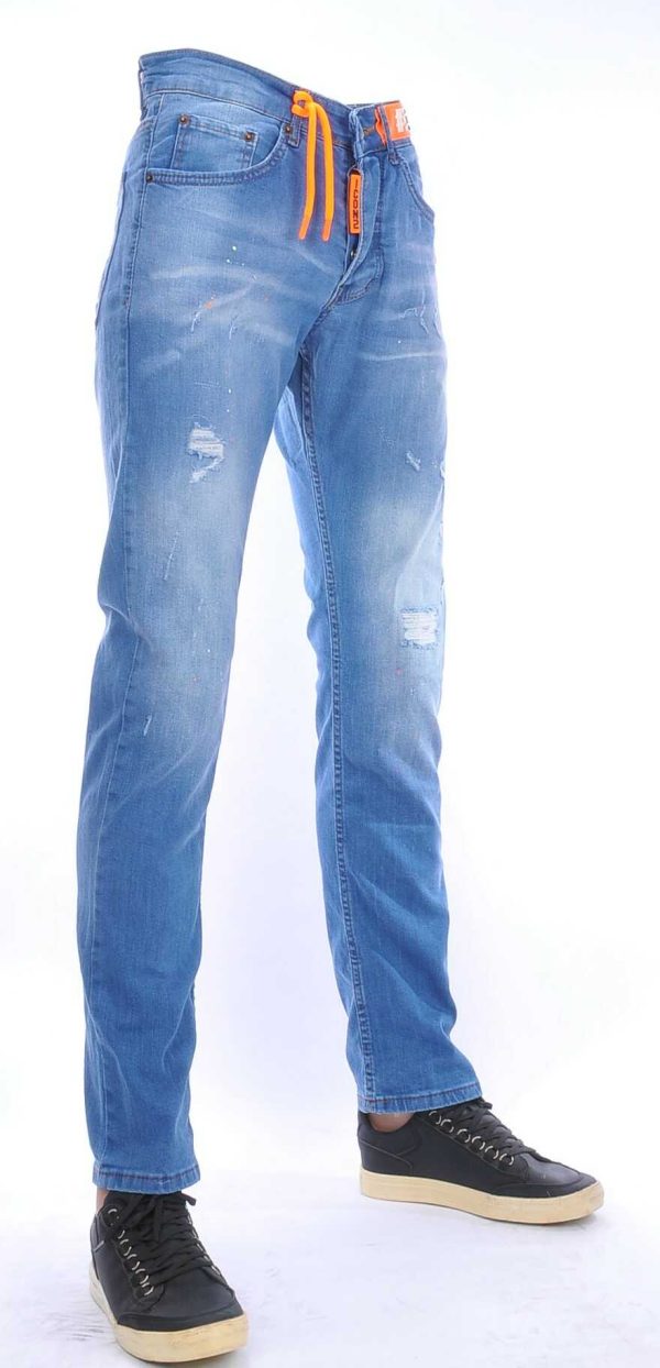 ICON2 hippie gescheurde slim fit heren jeans met verfvlekjes Blauw