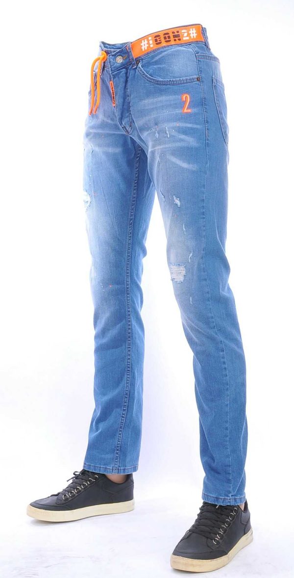 ICON2 hippie gescheurde slim fit heren jeans met verfvlekjes Blauw