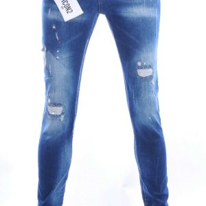 ICON2 hippie gescheurde slim fit stretch heren jeans met verfspatten Blauw