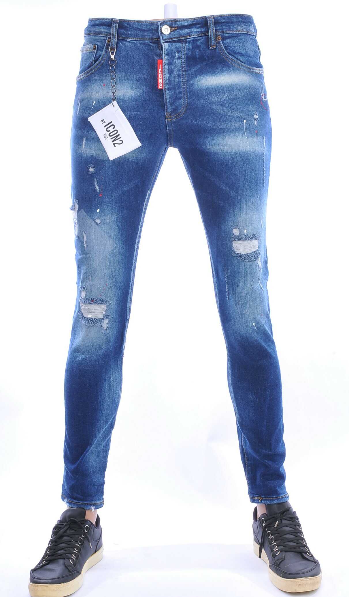 ICON2 hippie gescheurde slim fit stretch heren jeans met verfspatten Blauw