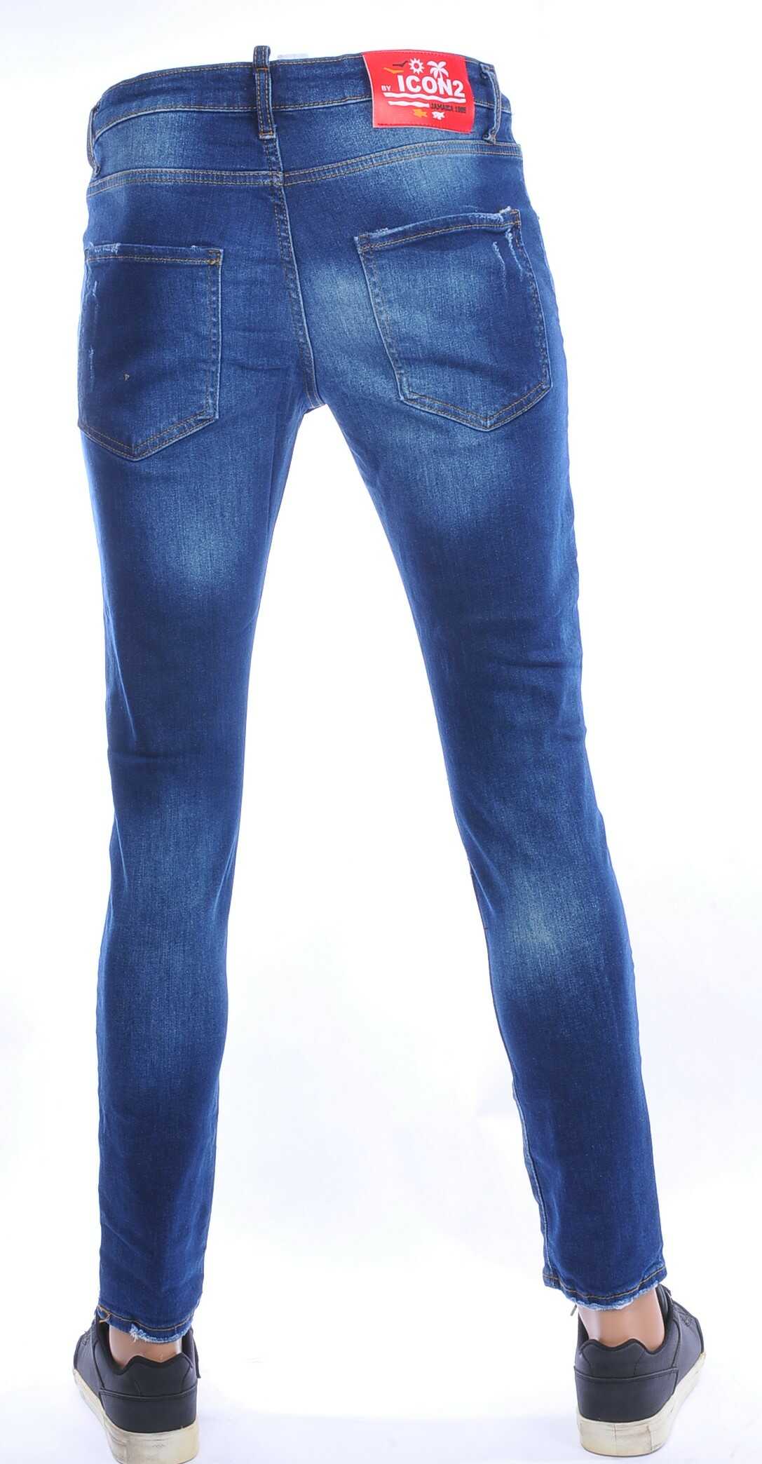 ICON2 hippie gescheurde slim fit stretch heren jeans met verfspatten Blauw